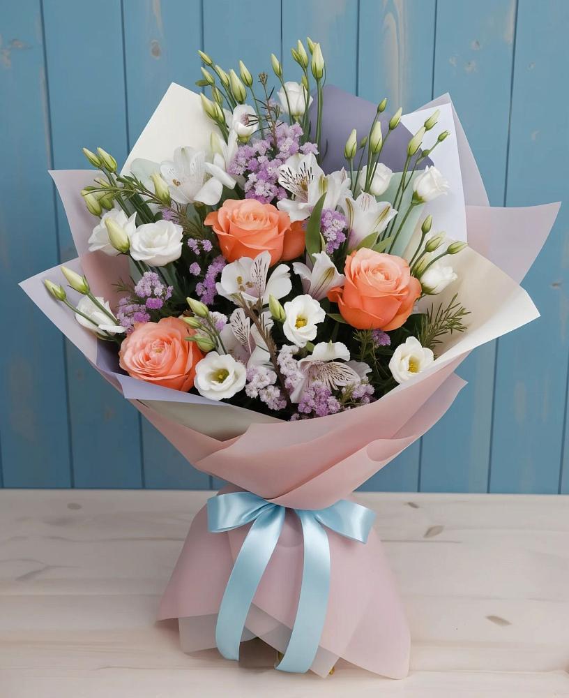 Букет цветов из: Лизиантусы, Розы, Альстромерии и Гипсофила в Заболотье